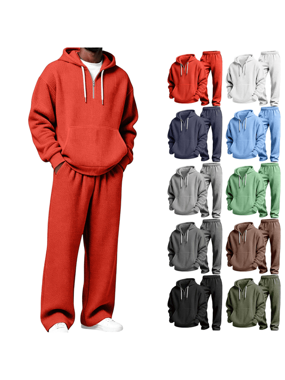 Men's 2 Piece Hoodie and Sweatpants Set Loose Fit Warm Comfortable Tracksuit Fall Winter Outfit with Half Zip