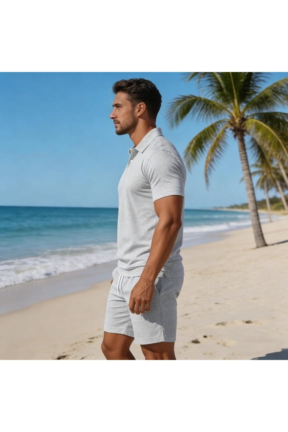 Men's 2 Piece Sport Shirt Set Short Sleeve Collar Top and Shorts Solid Color Breathable Quick Dry Lightweight Summer Fashion Outfits
