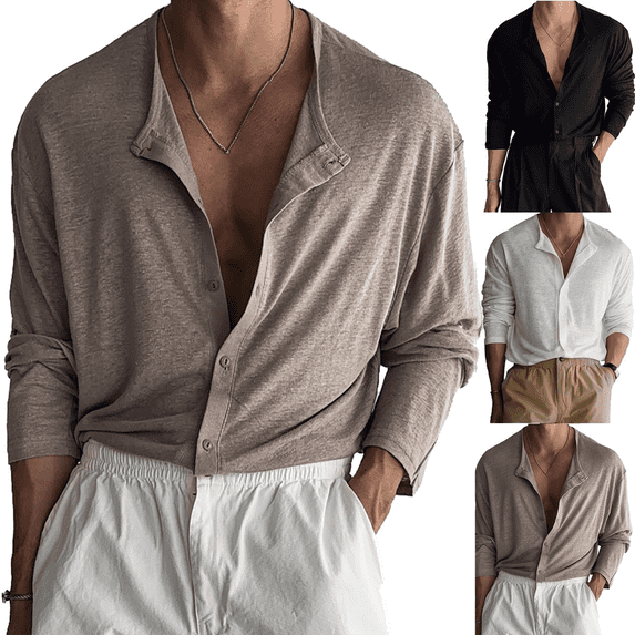 Frnrwgo Men's Button Front Shirts Long Sleeve Turndown Collar Loose Fit Solid Color Open Front Casual Top