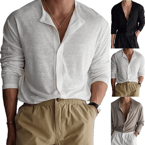 Frnrwgo Men's Button Front Shirts Long Sleeve Turndown Collar Loose Fit Solid Color Open Front Casual Top