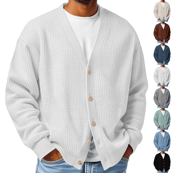 Frnrwgo Men's Cardigan V-Neck Button Front Loose Fit Textured Knit Long Sleeve Casual Fall Winter Top