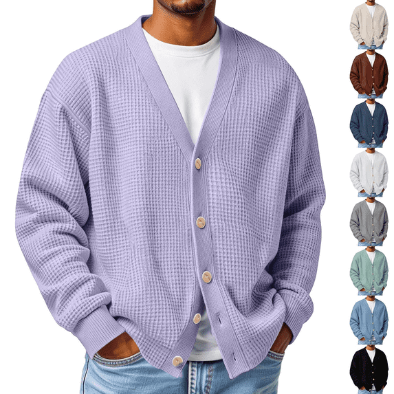 Frnrwgo Men's Cardigan V-Neck Button Front Loose Fit Textured Knit Long Sleeve Casual Fall Winter Top