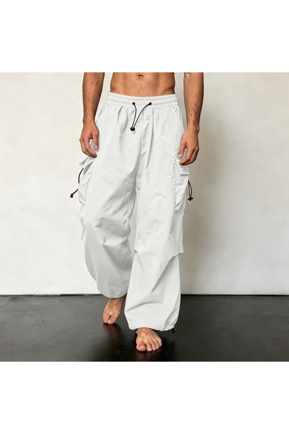 Men's Casual Baggy Parachute Trousers, Elastic Drawstring Waist Wide Leg Pants for Everyday Street Style