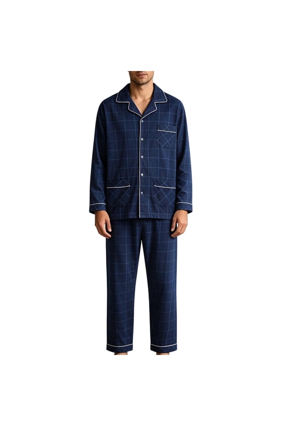 Men's Cotton 2-Piece Pajama Set Long Sleeve Top and Pants Button Front Soft Breathable Loungewear Sleepwear