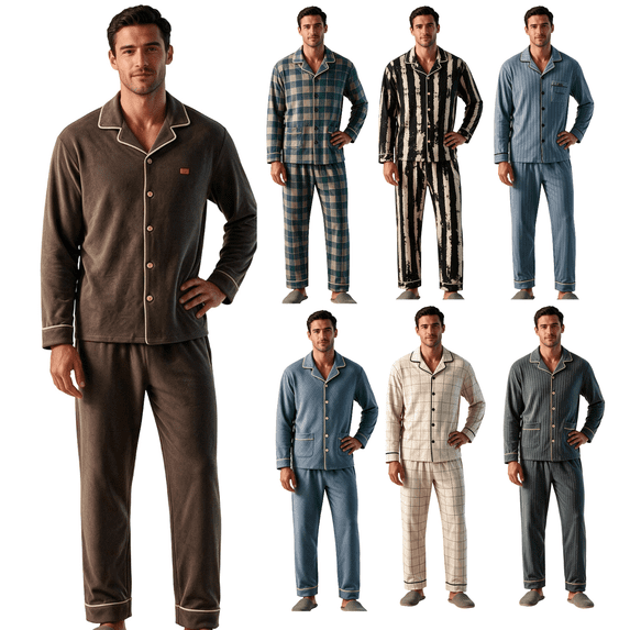 Frnrwgo Men's Cotton 2-Piece Pajama Set Long Sleeve Top and Pants Button Front Soft Breathable Loungewear Sleepwear