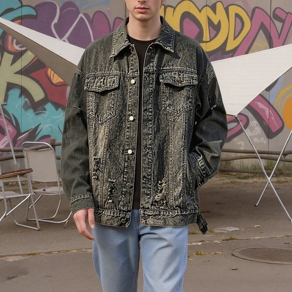 Frnrwgo Men's Denim Jacket Loose Fit Button Front Ripped Multi-Pocket Casual Streetwear Outerwear