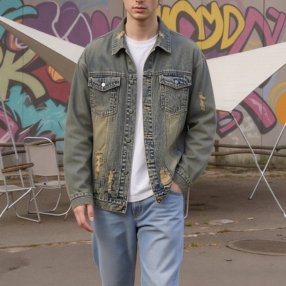 Frnrwgo Men's Denim Jacket Loose Fit Button Front Ripped Multi-Pocket Casual Streetwear Outerwear