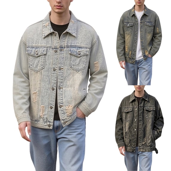 Frnrwgo Men's Denim Jacket Loose Fit Button Front Ripped Multi-Pocket Casual Streetwear Outerwear