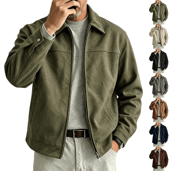 Frnrwgo Men's Faux Suede Jacket, Long Sleeve Loose Fit Lapel Full-Zip Outerwear With Pockets For Fall Winter