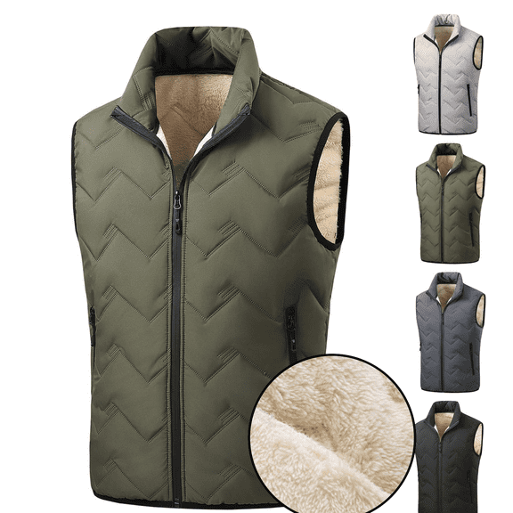 Frnrwgo Men's Fleece Lined Vest Stand Up Collar Zipper Sleeveless Solid Color Autumn Winter Outdoor Casual Waistcoat