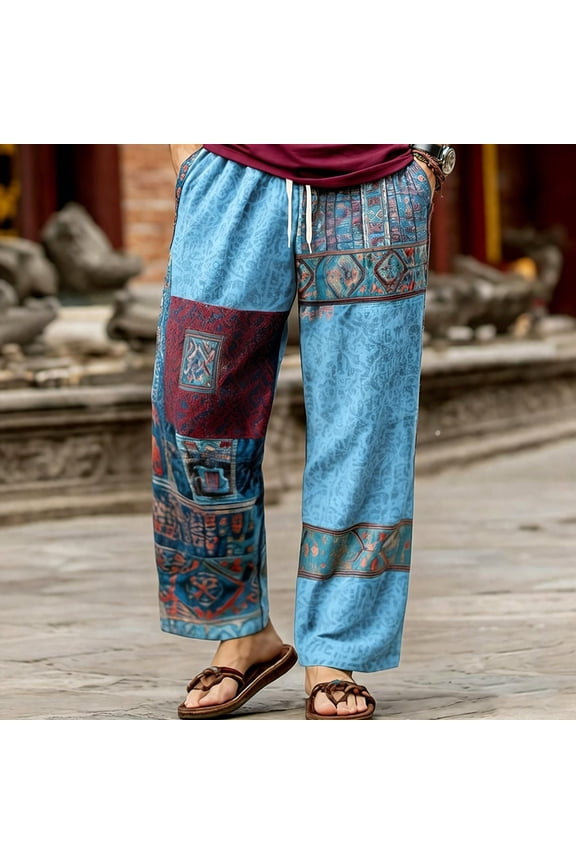 Men's Lightweight Printed Trousers Drawstring Elastic Waist Pockets for Gardening