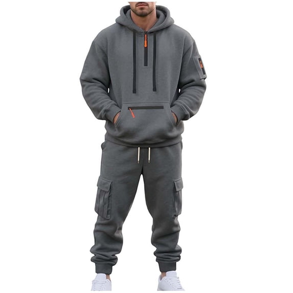 Frnrwgo Men's Long Set Hooded Half-Zip Pullover and Cargo Pants Relaxed Fit Casual Workwear with Pockets
