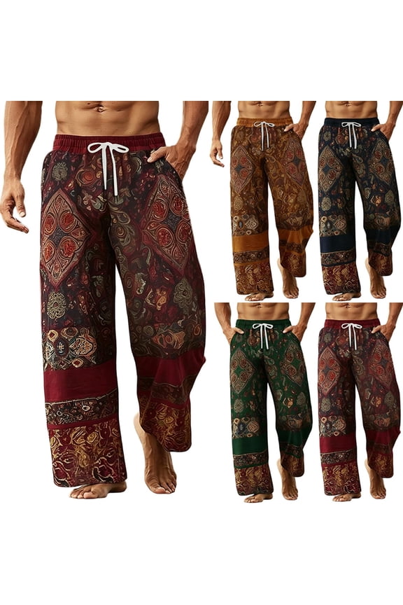 Men's Loose Printed Pants Elastic Waist Drawstring Pockets Breathable for Photography Dining