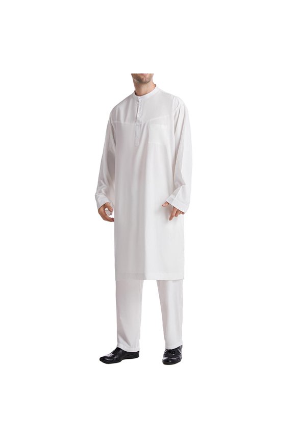 Men's Modest 2 Piece Long Robe Set Long Sleeve Round Collar Button Pockets Long Shirt Casual Middle Eastern Style Structured Fit Flattering Look