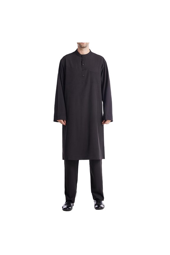 Men's Modest 2 Piece Long Robe Set Long Sleeve Round Collar Button Pockets Long Shirt Casual Middle Eastern Style Structured Fit Flattering Look