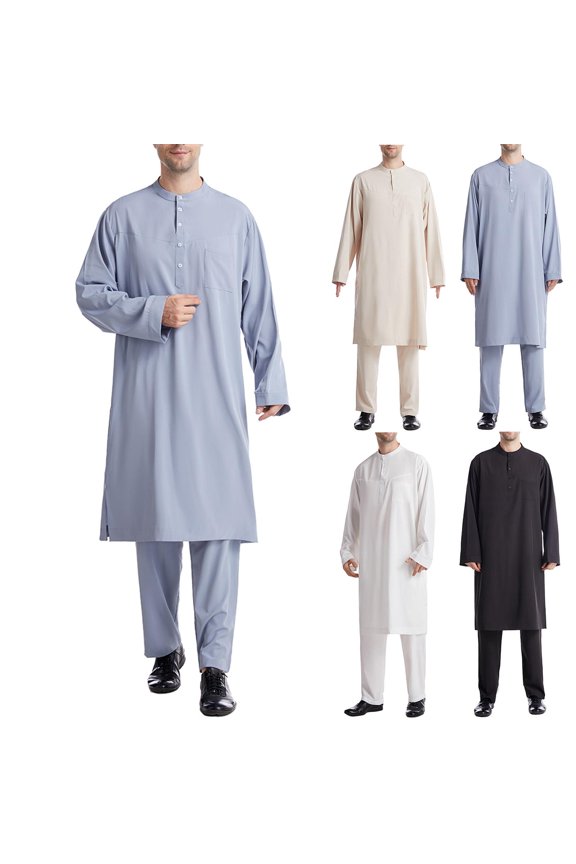 Men's Modest 2 Piece Long Robe Set Long Sleeve Round Collar Button Pockets Long Shirt Casual Middle Eastern Style Structured Fit Flattering Look