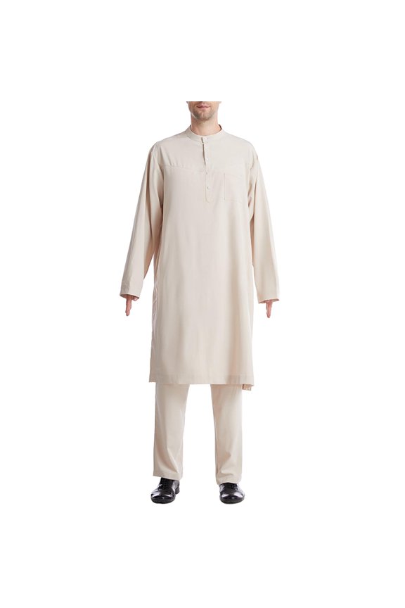 Men's Modest 2 Piece Long Robe Set Long Sleeve Round Collar Button Pockets Long Shirt Casual Middle Eastern Style Structured Fit Flattering Look