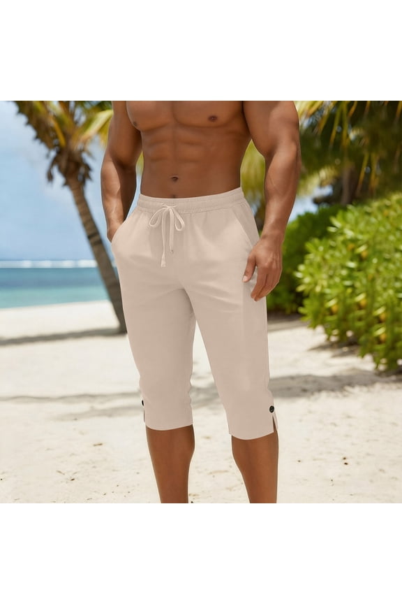 Men's Pants Long Length Linen Shorts Button Drawstring Elastic Waist Weekend Casual Sportwear