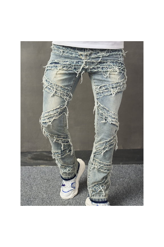 Men's Patched Ripped Jeans Washed Stretch Trendy Outdoor Casual Stylish Everyday Denim Pants
