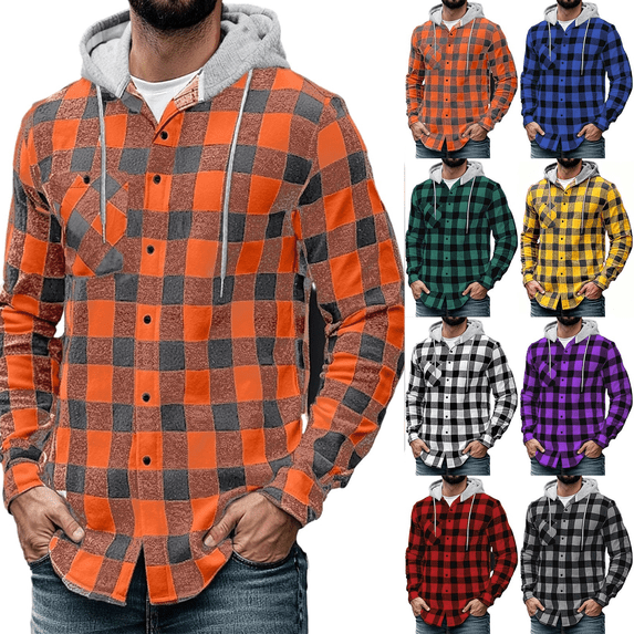 Frnrwgo Men's Plaid Hooded Shirt Jacket Lightweight Breathable Button Up Casual for Daily Outdoor