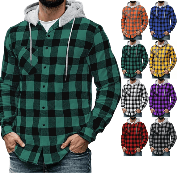 Frnrwgo Men's Plaid Hooded Shirt Jacket Lightweight Breathable Button Up Casual for Daily Outdoor