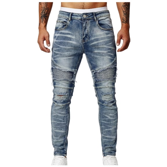 Frnrwgo Men's Ripped Denim Jeans Slim Fit Motorcycle Patchwork Soft Breathable Zipper Button Pockets Casual Outdoor Pants