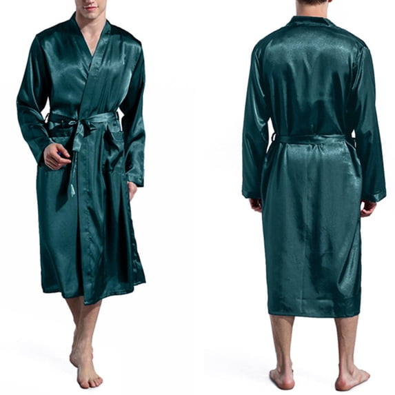 Frnrwgo Men's Satin Bathrobe Lightweight Open Front Long Sleeve Solid Color Home Sleepwear