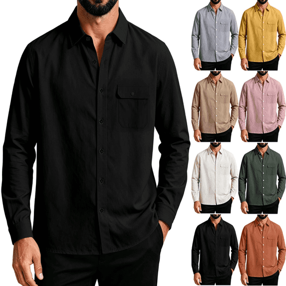 Frnrwgo Men's Shirt Loose Fit Lapel Collar Long Sleeve Solid Color Casual Work Commute Top