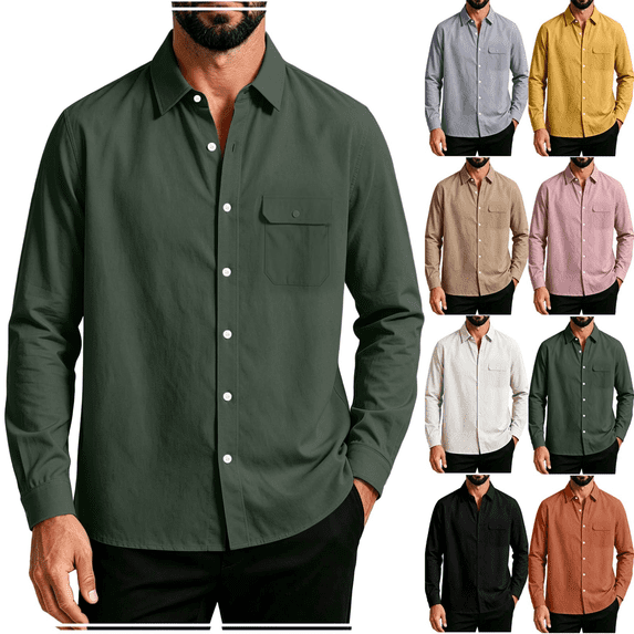 Frnrwgo Men's Shirt Loose Fit Lapel Collar Long Sleeve Solid Color Casual Work Commute Top