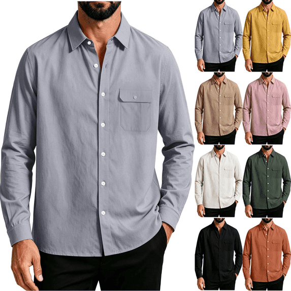 Frnrwgo Men's Shirt Loose Fit Lapel Collar Long Sleeve Solid Color Casual Work Commute Top