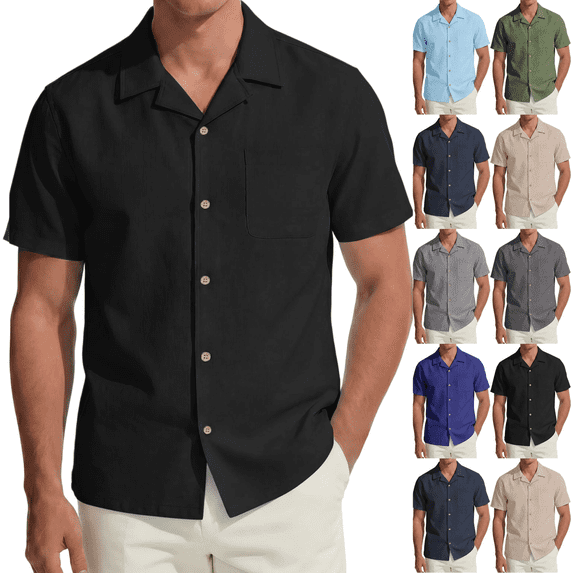 Frnrwgo Men's Short Sleeve Shirt Linen Button Casual Solid Color with Pocket Lightweight Breathable Summer Tops