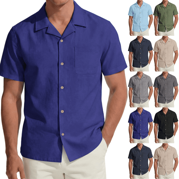 Frnrwgo Men's Short Sleeve Shirt Linen Button Casual Solid Color with Pocket Lightweight Breathable Summer Tops