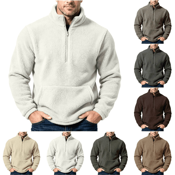 Frnrwgo Men's Sweatshirt Double-Sided Velvet Half Zip Stand Collar Long Sleeve Casual Top with Pockets
