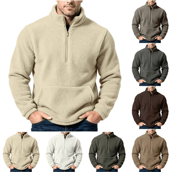 Frnrwgo Men's Sweatshirt Double-Sided Velvet Half Zip Stand Collar Long Sleeve Casual Top with Pockets