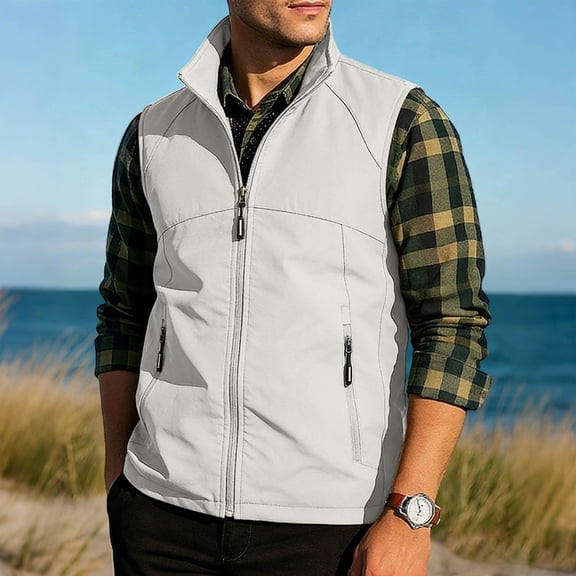 Frnrwgo Men's Vest Sleeveless Stand Collar Zipper Multi-Pocket Solid Color Outdoor Utility Vest