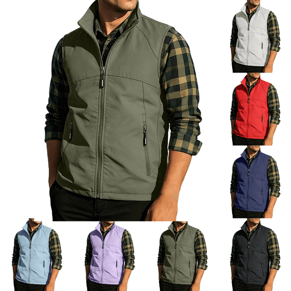 Frnrwgo Men's Vest Sleeveless Stand Collar Zipper Multi-Pocket Solid Color Outdoor Utility Vest