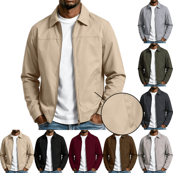 Frnrwgo Men's Windproof Jacket Loose Fit Lined Zip Up Matte Solid Color with Pockets for Fall Winter