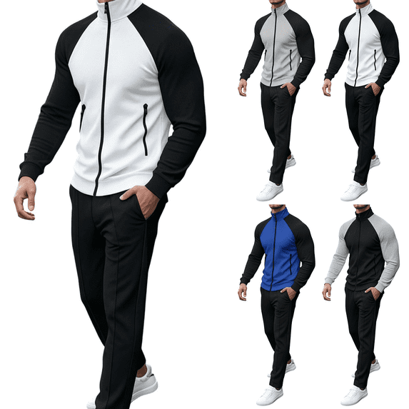 Frnrwgo Mens 2-Piece Tracksuit Jacket and Pants Set Loose Fit Color Block Raglan Sleeve Casual Fall Winter Outfit with Full zip
