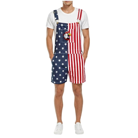 Frnrwgo Mens 4th of July Denim Bib Overalls Washed Multi-Pocket Breathable Lightweight Shorts