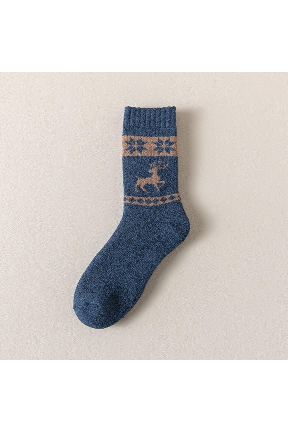 Mens 5 Pairs Winter Deer Print Thick Fleece Lined Mid Calf Socks Extra Warm Anti Odor Terry Cushioned Thermal Socks for Skiing