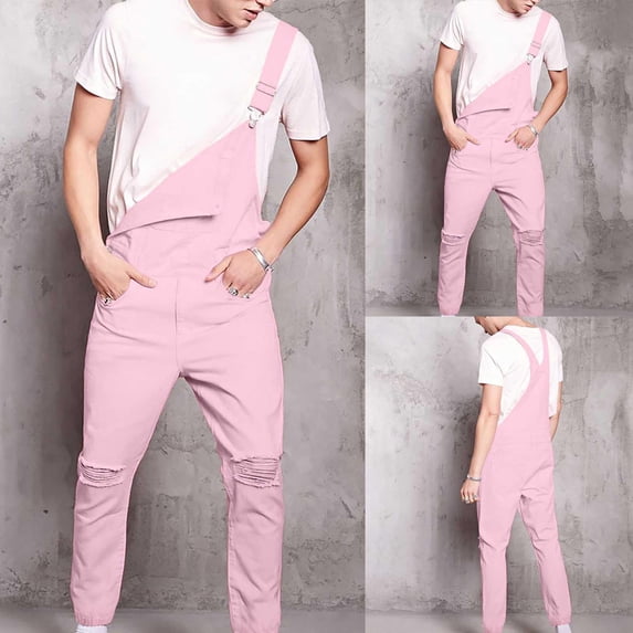 Frnrwgo Mens Baggy Ripped Denim Cargo Overalls Long Pants Drawstring Waist Loose Fit Pink for Outdoor Hiking