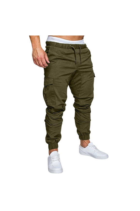 Mens Cargo Pants Drawstring Elastic Waist Multi-Pocket Jogger Cuffed Sport Pants