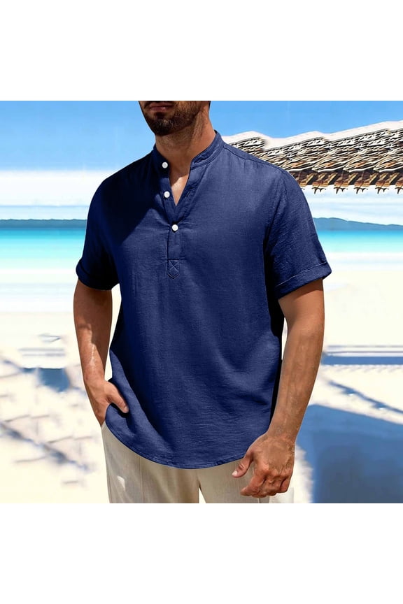 Mens Crewneck Tee with Short Sleeves V-Neck Button Summer Tees Stylish Fitness Comfort Solid Color Top