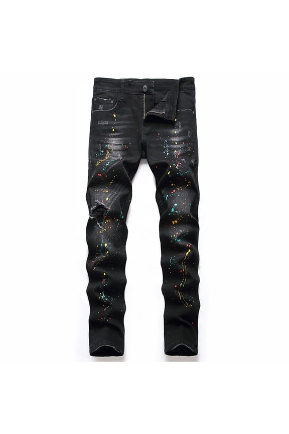 Mens Destroyed Jeans Ripped Straight Leg Slim Cut Hand Sanded Denim Club Nightlife Pants