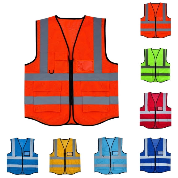 Frnrwgo Mens High Visibility Reflective Vest Mesh Zipper Pockets Construction Traffic Safety Workwear