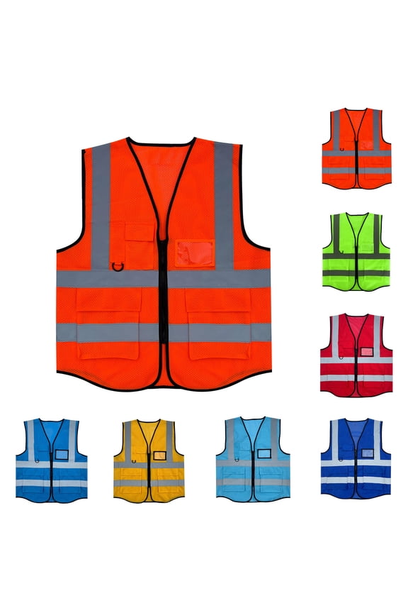 Mens High Visibility Reflective Vest Mesh Zipper Pockets Construction Traffic Safety Workwear