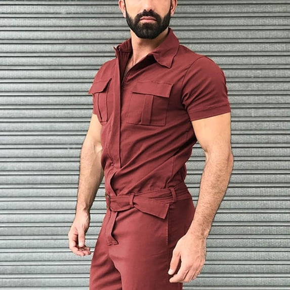 Frnrwgo Mens Jumpsuit Solid Color Short Sleeve Lapel Button Pocket Workwear Coveralls Breathable Lightweight Set