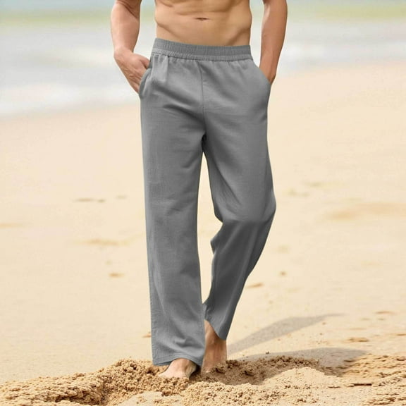 Frnrwgo Mens Linen Sweatpants with Multi-Pockets Loose Casual Solid Color Trousers Elastic Waist Casual Jogger Pants