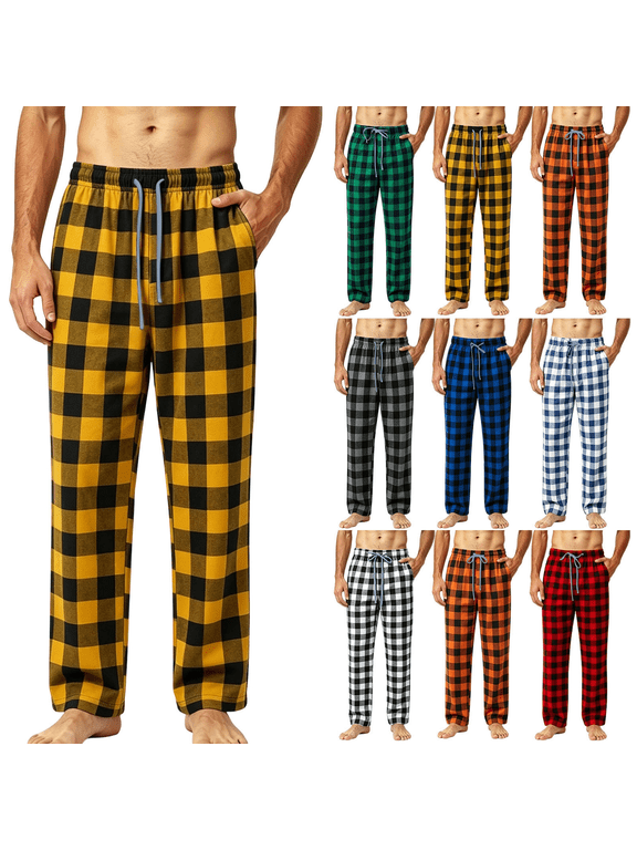 Mens Plaid Drawstring Sweatpants Stretch Loose Fit Lounge Pants Deep Pockets