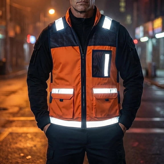 Frnrwgo Mens Reflective Safety Vest Sleeveless Multi-Pocket Zipper Work Night Utility Jacket